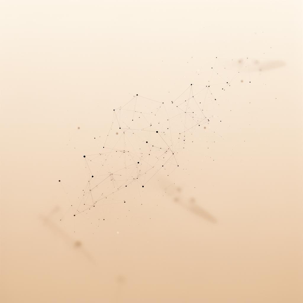 An abstract network of connected dots on a beige background — a visualization of a creator affiliate ecosystem, cover of an article by Kseniia Petrina