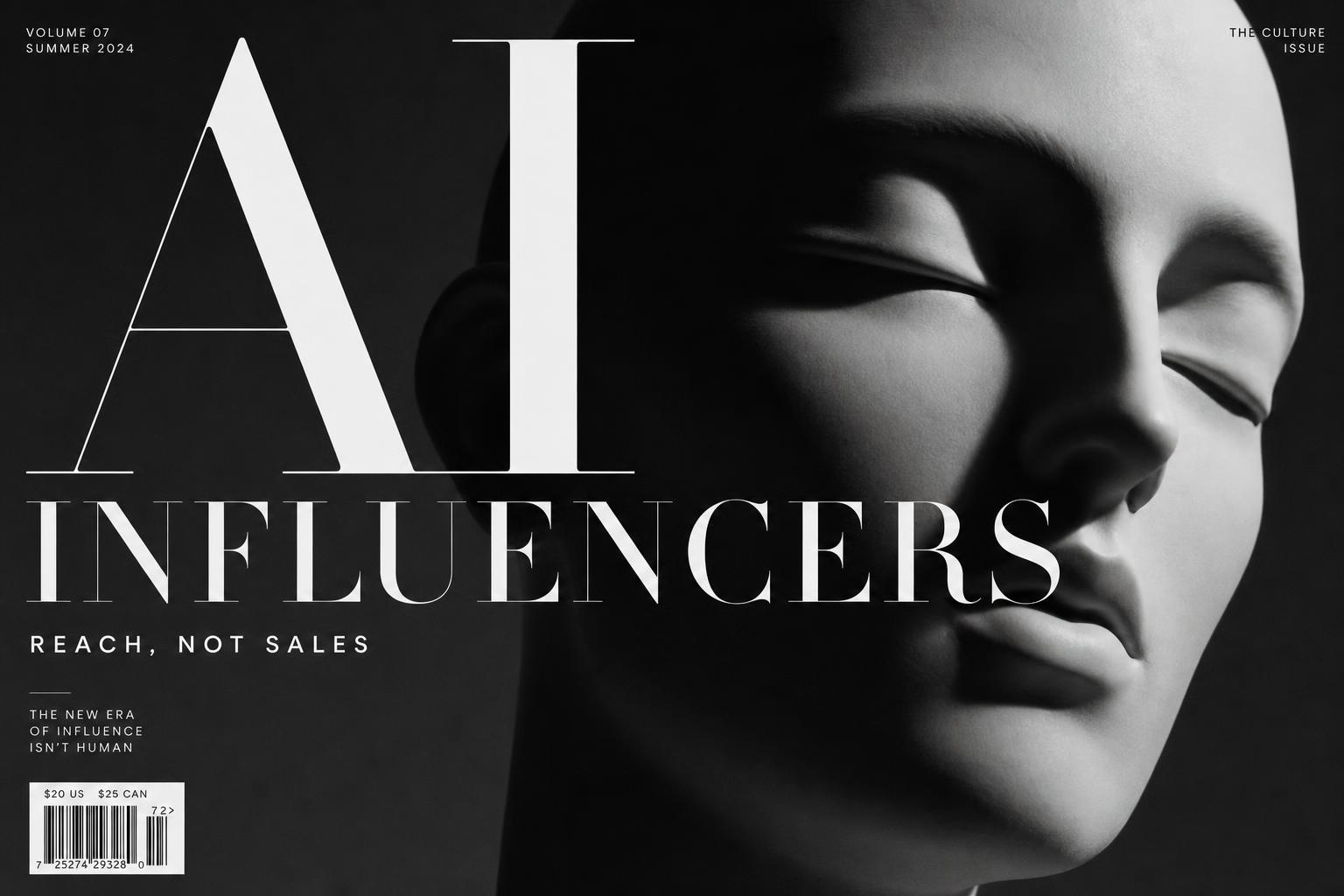 Editorial black and white cover with bold "AI Influencers" typography over a sculptural mannequin face — AI influencers reach not sales