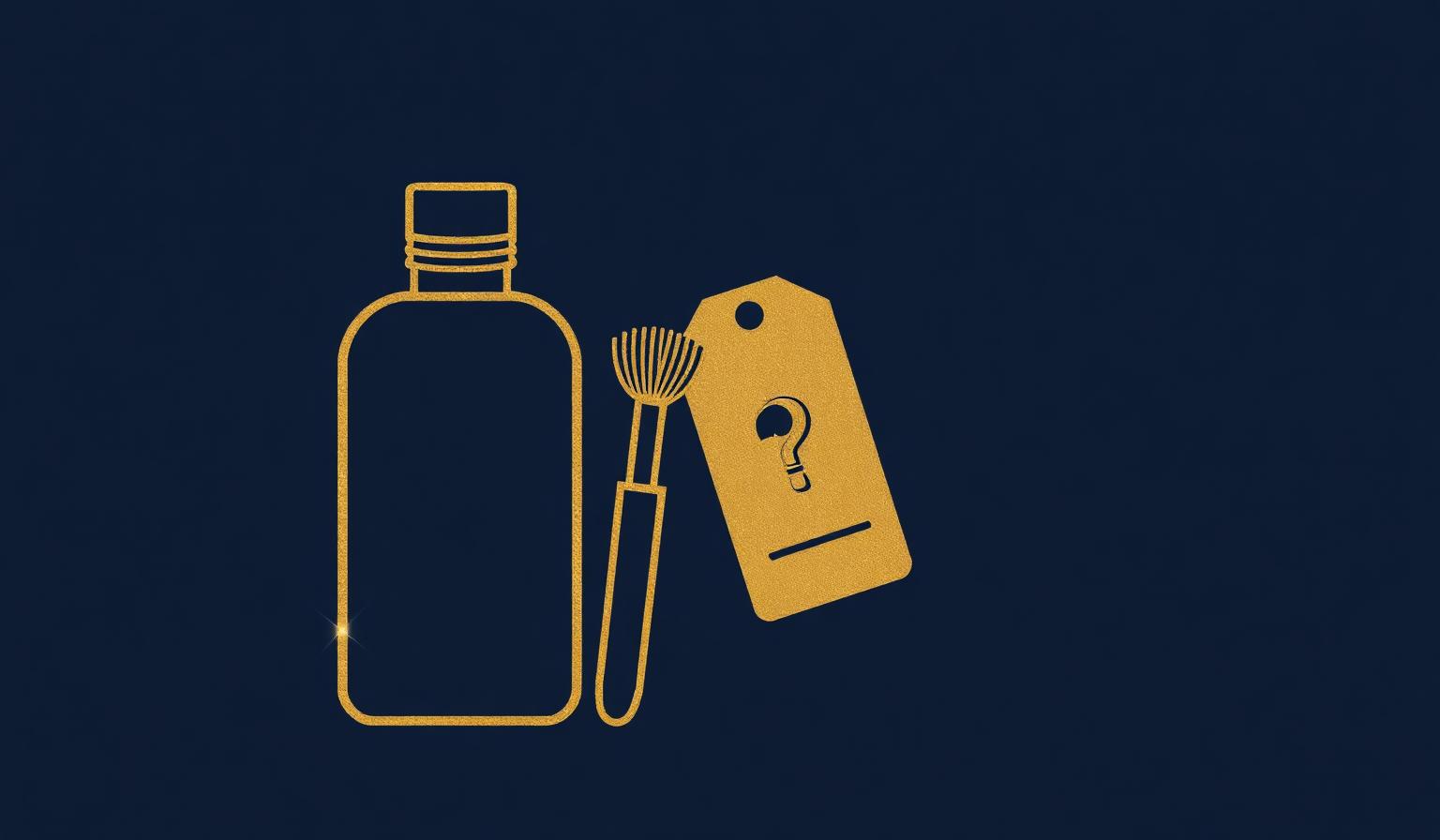 Editorial illustration: navy background with a gold cosmetics bottle, makeup brush and a price tag marked with a question mark, representing the absence of a verified beauty influencer rate premium in the US in 2026