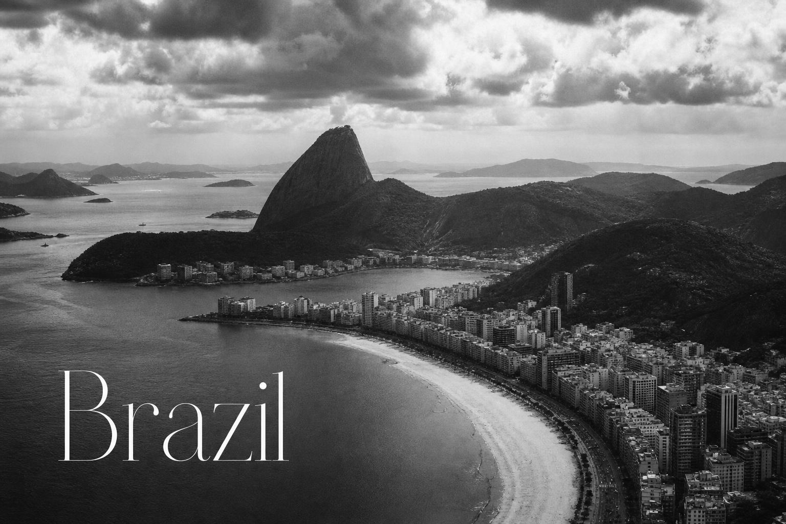 Black and white aerial photograph of Rio de Janeiro with Sugarloaf Mountain and Copacabana — Brazil 2026 influencer marketing pricing cover
