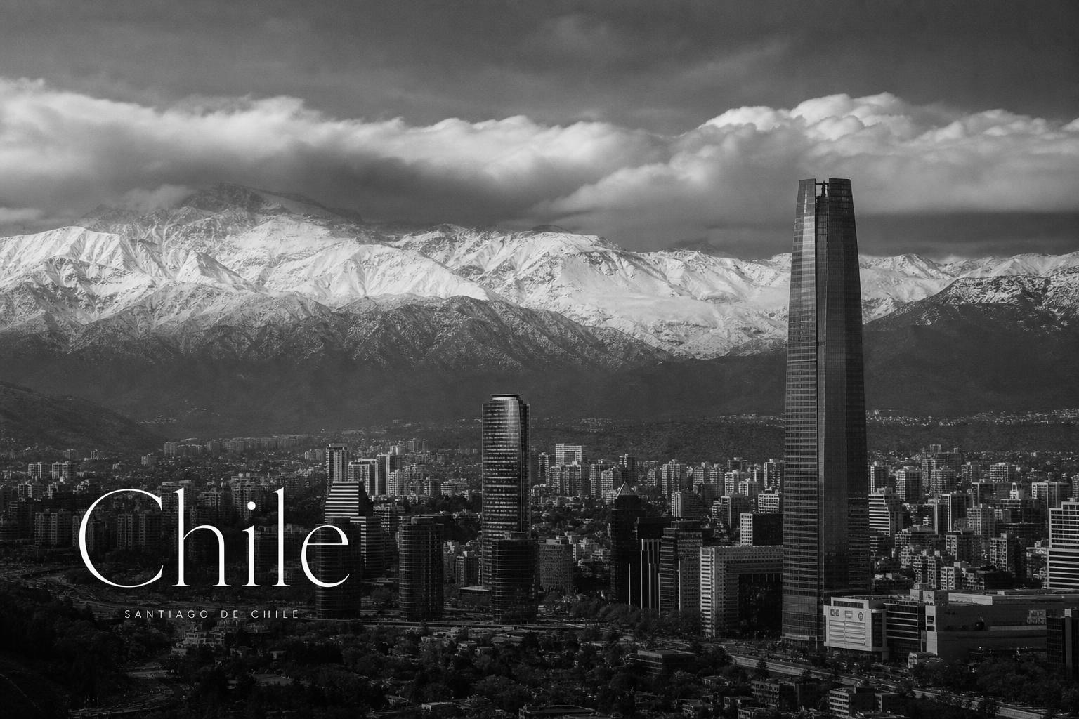 Black and white photograph of Santiago, Chile skyline with Gran Torre and the snow-capped Andes — Chile 2026 influencer marketing pricing cover