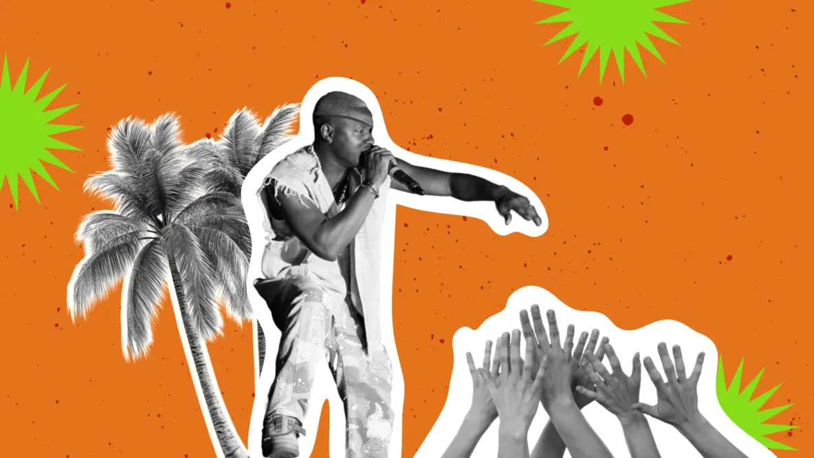 Case study of a festival in Punta Cana for spring breakers: a collage with an artist at the microphone, palm trees, and raised hands in the crowd—Kseniia Petrina article cover