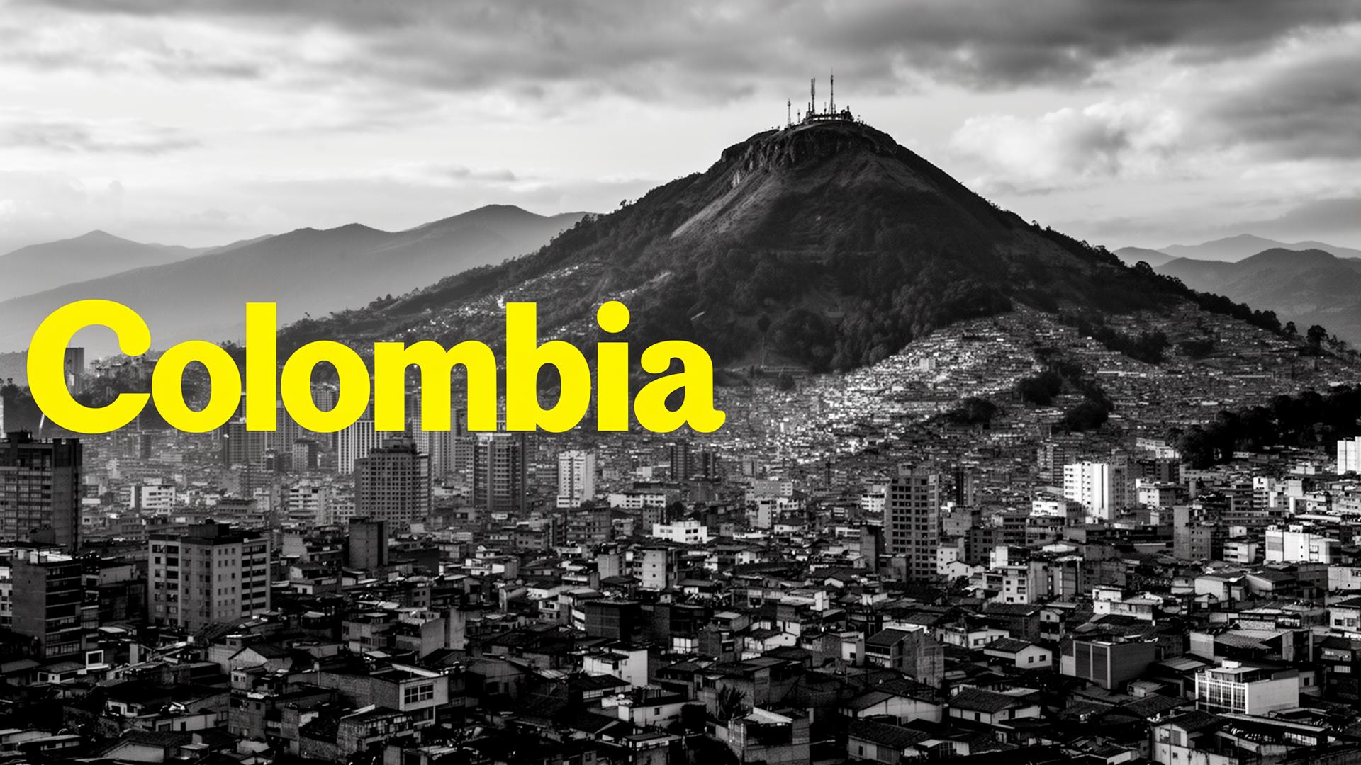 Black and white panorama of a city in Colombia with a mountain and a yellow text "Colombia" — cover of an article about marketing in Colombia