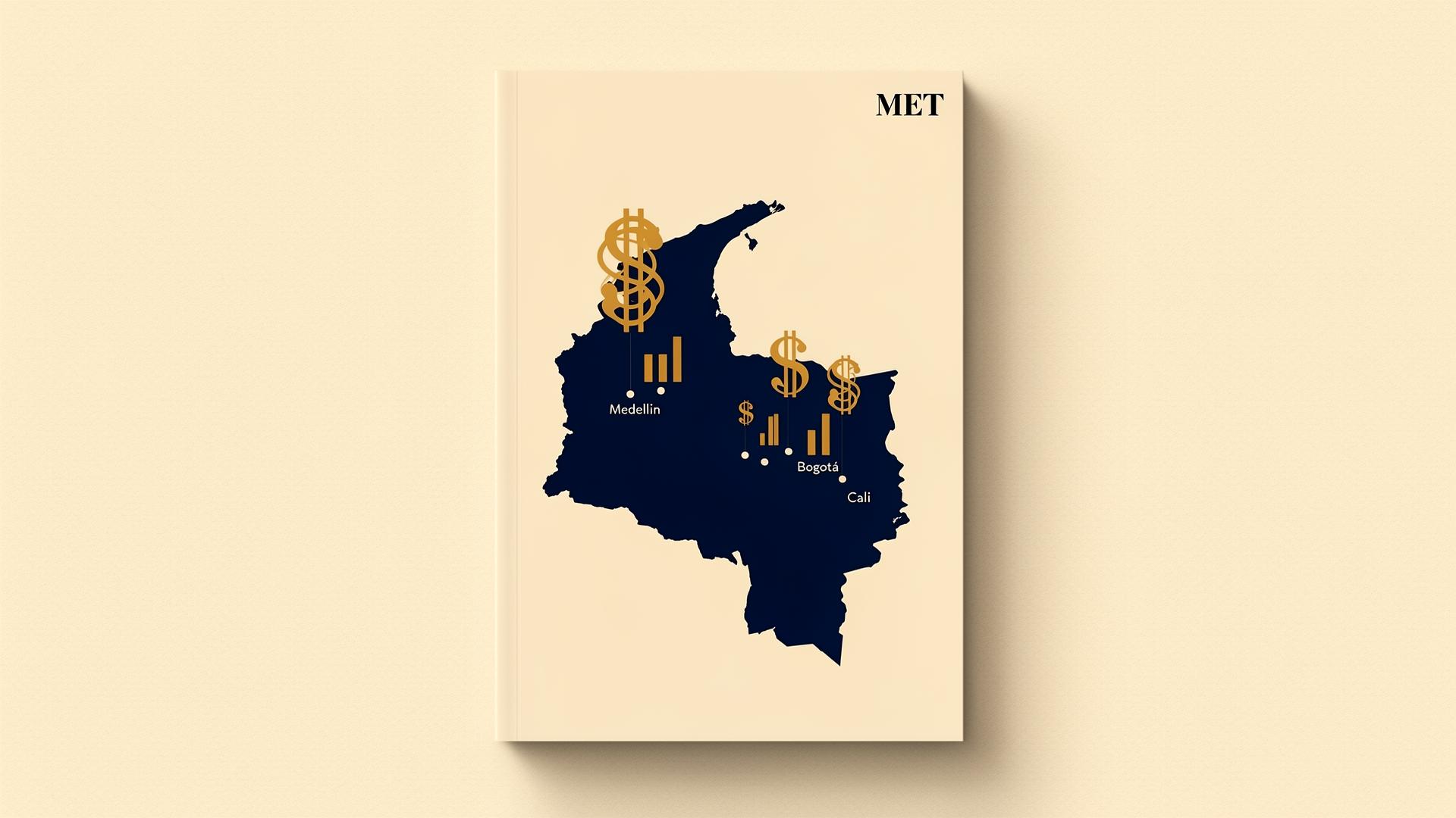 Editorial illustration: navy silhouette of Colombia with gold dollar signs and ascending bar charts marking Medellín, Bogotá and Cali — 2026 influencer marketing pricing cover