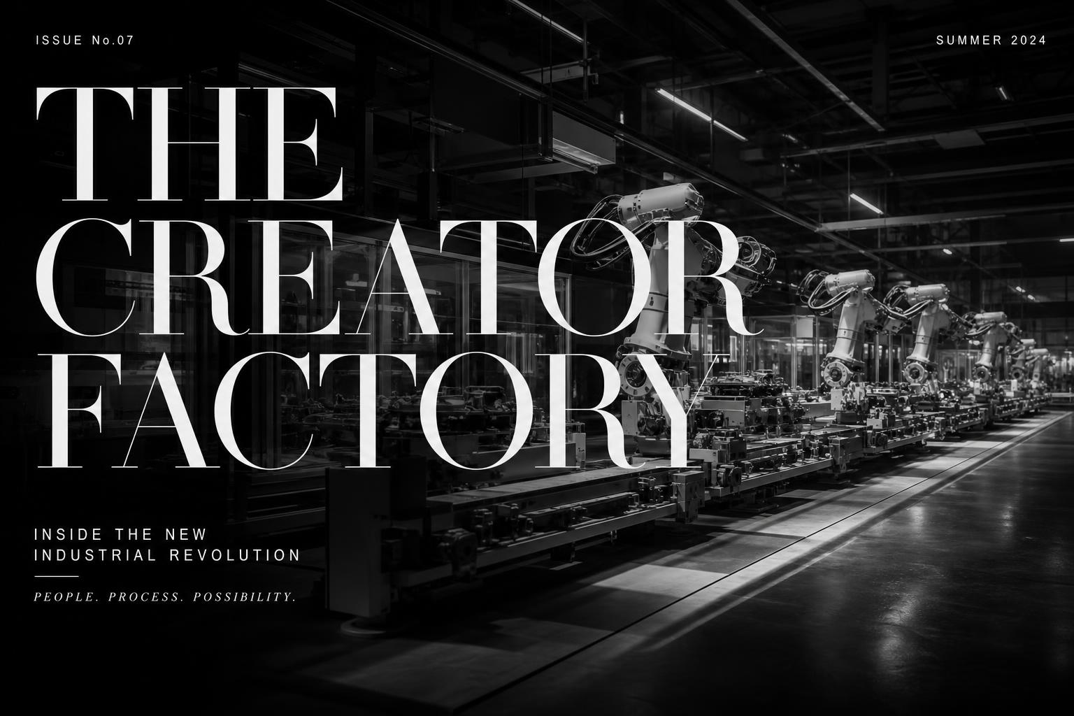 Editorial black and white cover with bold "The Creator Factory" typography over an industrial assembly line — creator factory method