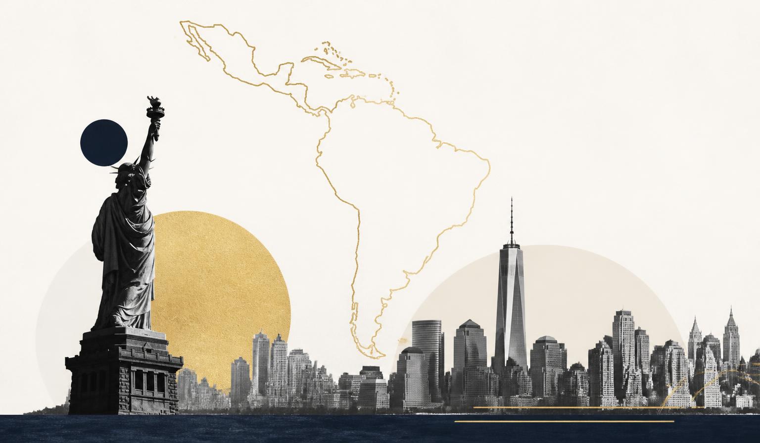 Editorial illustration: black and white New York skyline with the Statue of Liberty and a gold outline of the Latin America map, representing the XXVI Cumbre Latinoamericana in New York