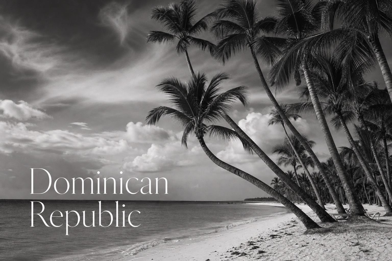 Black and white photograph of a Punta Cana beach with leaning palm trees and dramatic clouds — Dominican Republic 2026 influencer marketing pricing cover