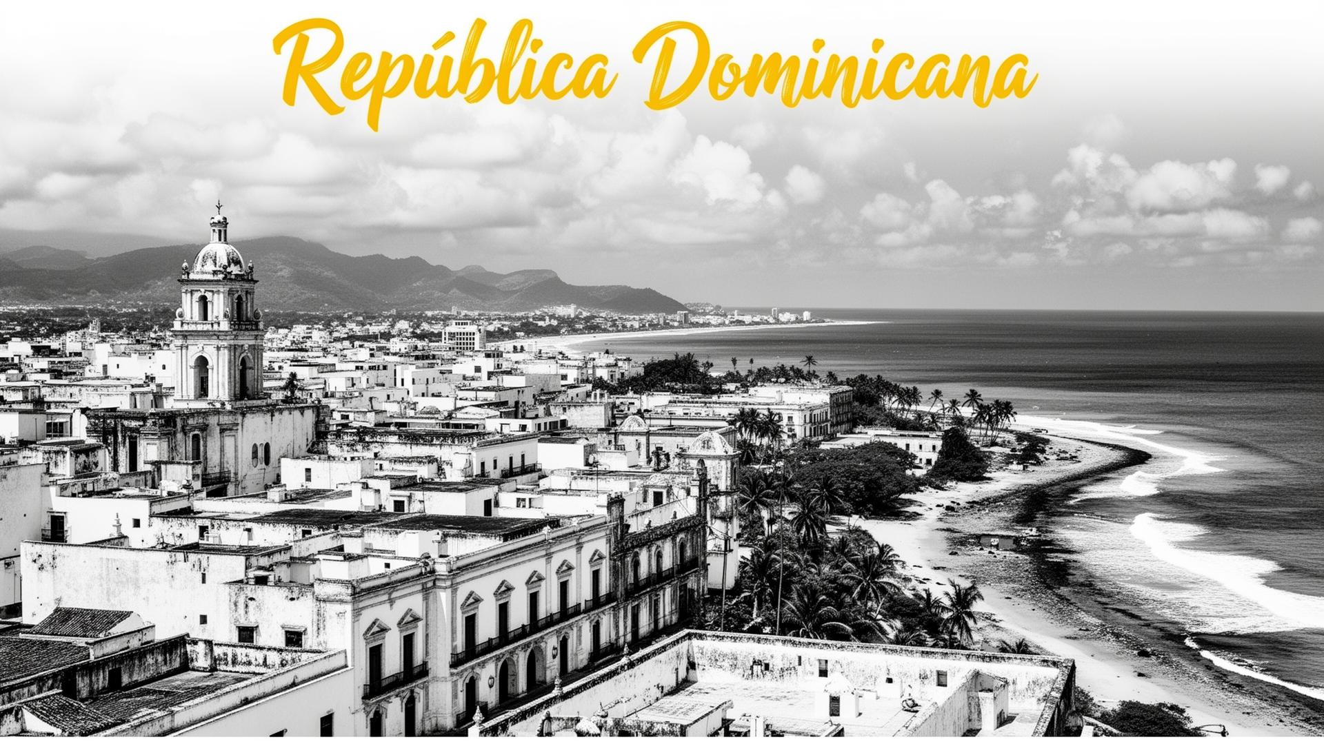 Black and white panorama of Santo Domingo with colonial architecture and Caribbean coastline, with a yellow "República Dominicana" inscription — article cover about marketing in the Dominican Republic