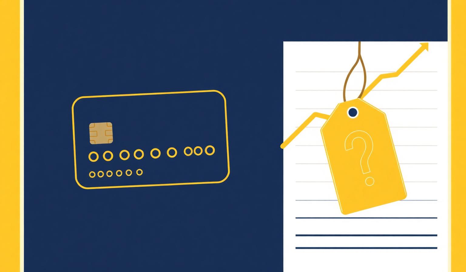 Editorial illustration: navy background with a gold credit card and a rising line chart next to a gold price tag marked with a question mark, representing the absence of a verified fintech influencer rate card in the US in 2026