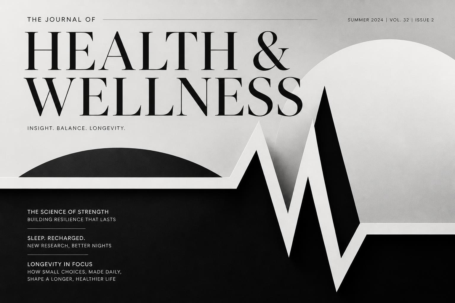 Editorial black and white magazine cover with bold serif "Health & Wellness" typography over an abstract heartbeat composition — health and wellness funding marketing trends