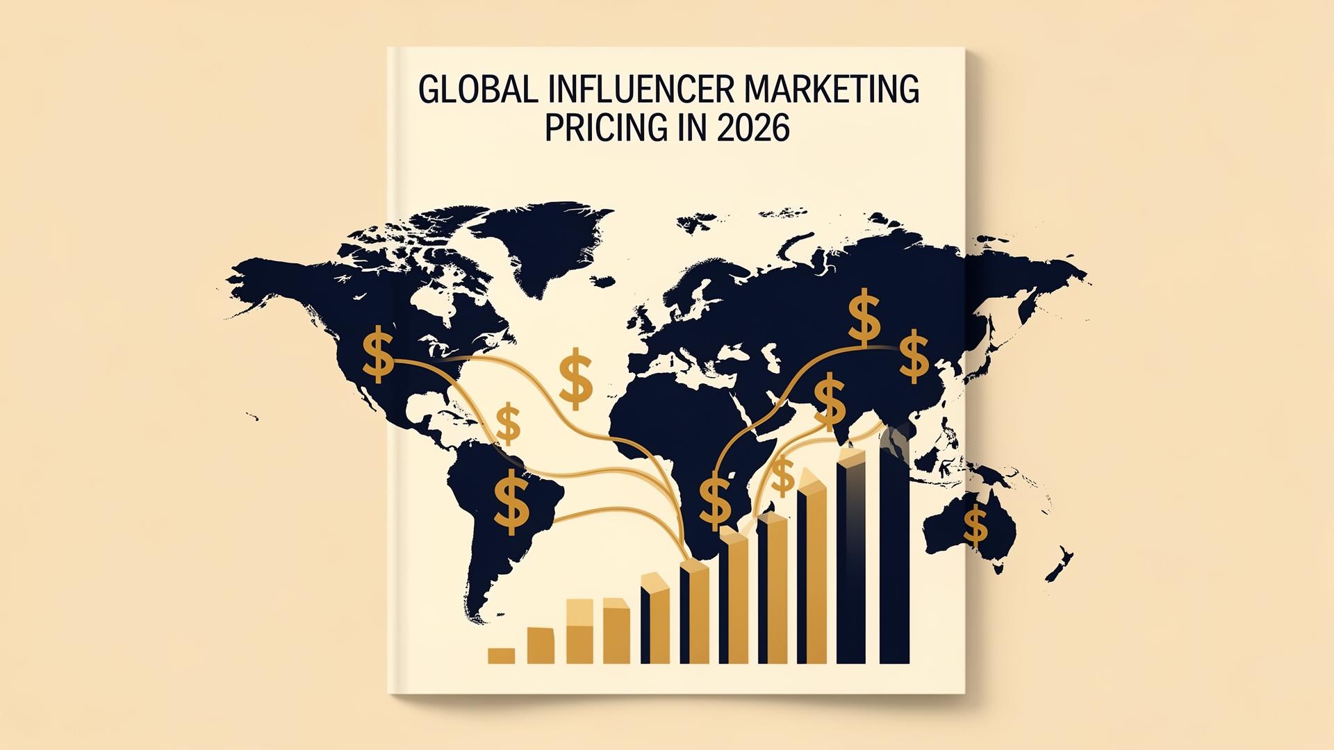 Editorial cover illustration: world map with dollar signs and ascending bar chart representing 2026 global influencer marketing pricing