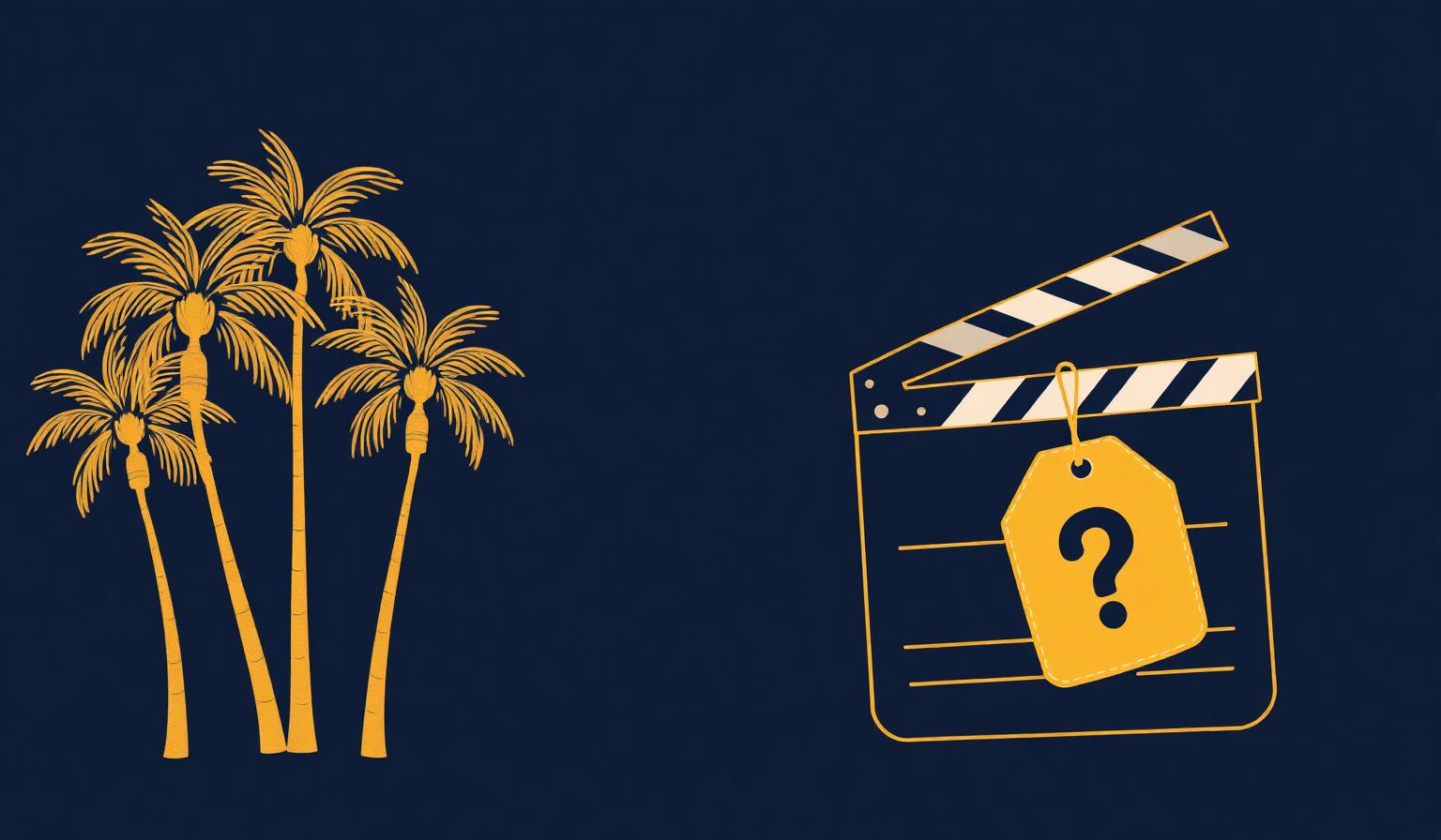 Editorial illustration: navy background with gold Los Angeles palm trees and a film clapperboard holding a gold price tag marked with a question mark, representing the absence of a verified LA influencer rate card in 2026