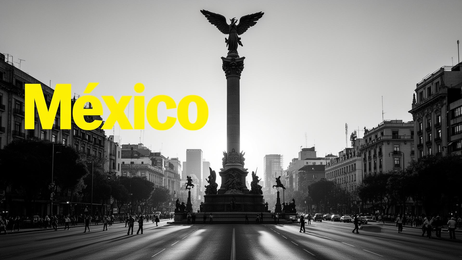 Black and white panorama of Mexico City with the Angel of Independence and a yellow "México" inscription — article cover about marketing in Mexico