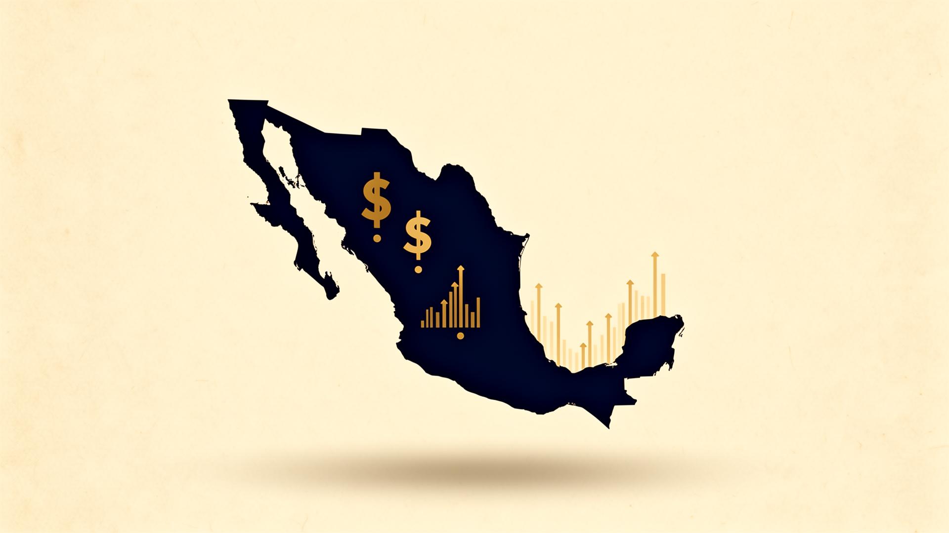 Editorial illustration: navy silhouette of Mexico with gold dollar signs and ascending bar charts representing 2026 influencer marketing pricing