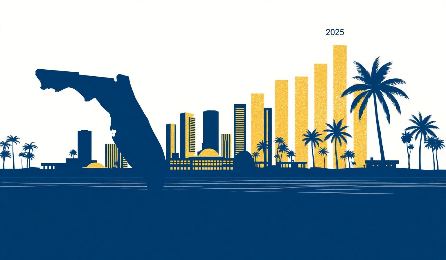 Editorial illustration: navy silhouette of Florida with a gold Miami skyline, palm trees and ascending bar chart representing 2026 influencer marketing pricing in Miami