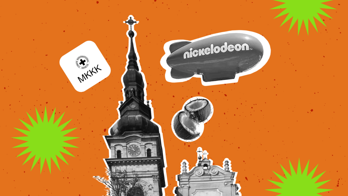 Nickelodeon Hotels Dominican Republic case study: collage with a church, Nickelodeon logo, and Red Cross emblem — article cover by Kseniia Petrina