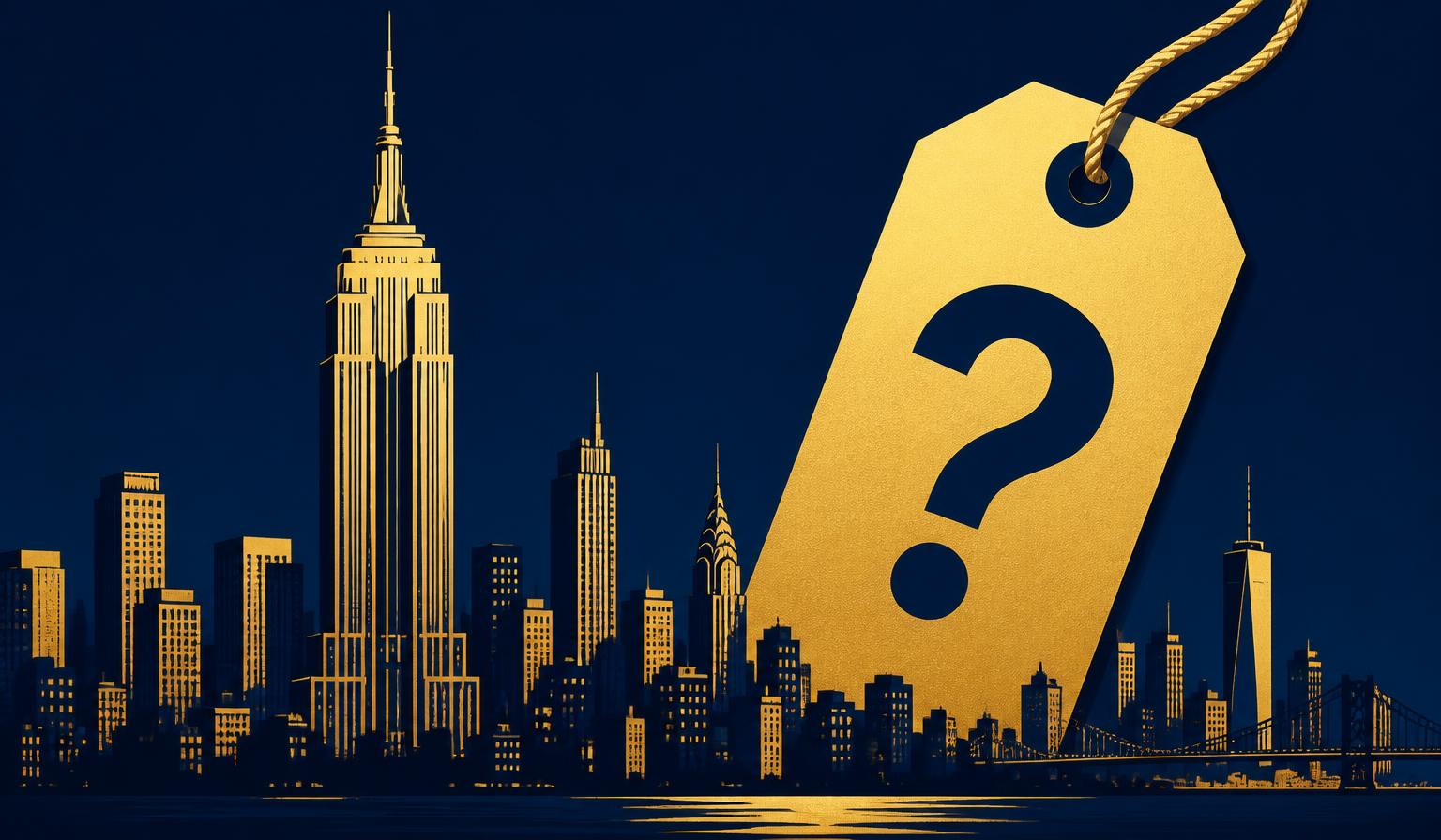 Editorial illustration: navy New York City skyline with a gold price tag marked with a question mark, representing the absence of a reliable NYC influencer rate card in 2026
