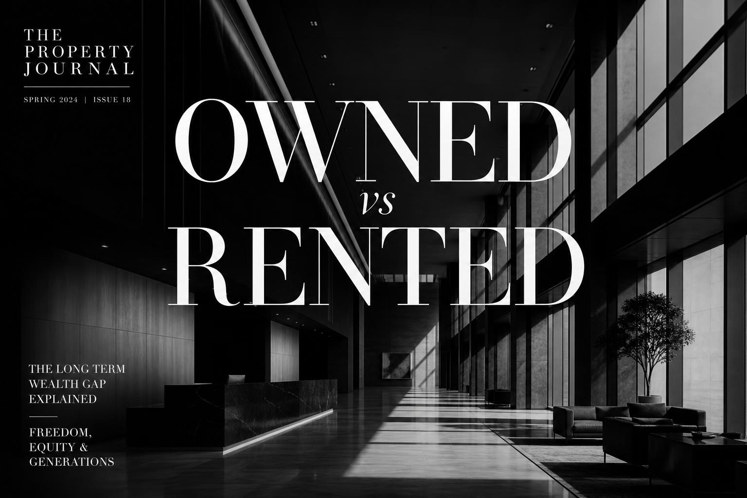 Editorial black and white cover with bold "Owned vs Rented" typography over a modern building lobby — owned vs rented creator distribution