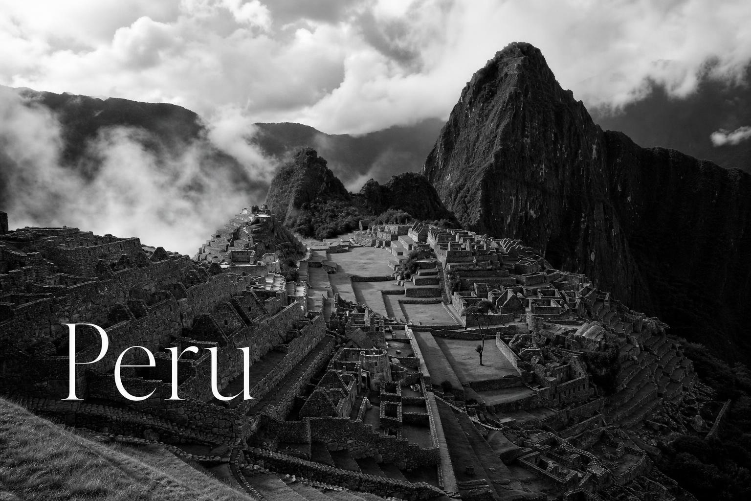 Black and white photograph of Machu Picchu and Huayna Picchu — Peru 2026 influencer marketing pricing cover