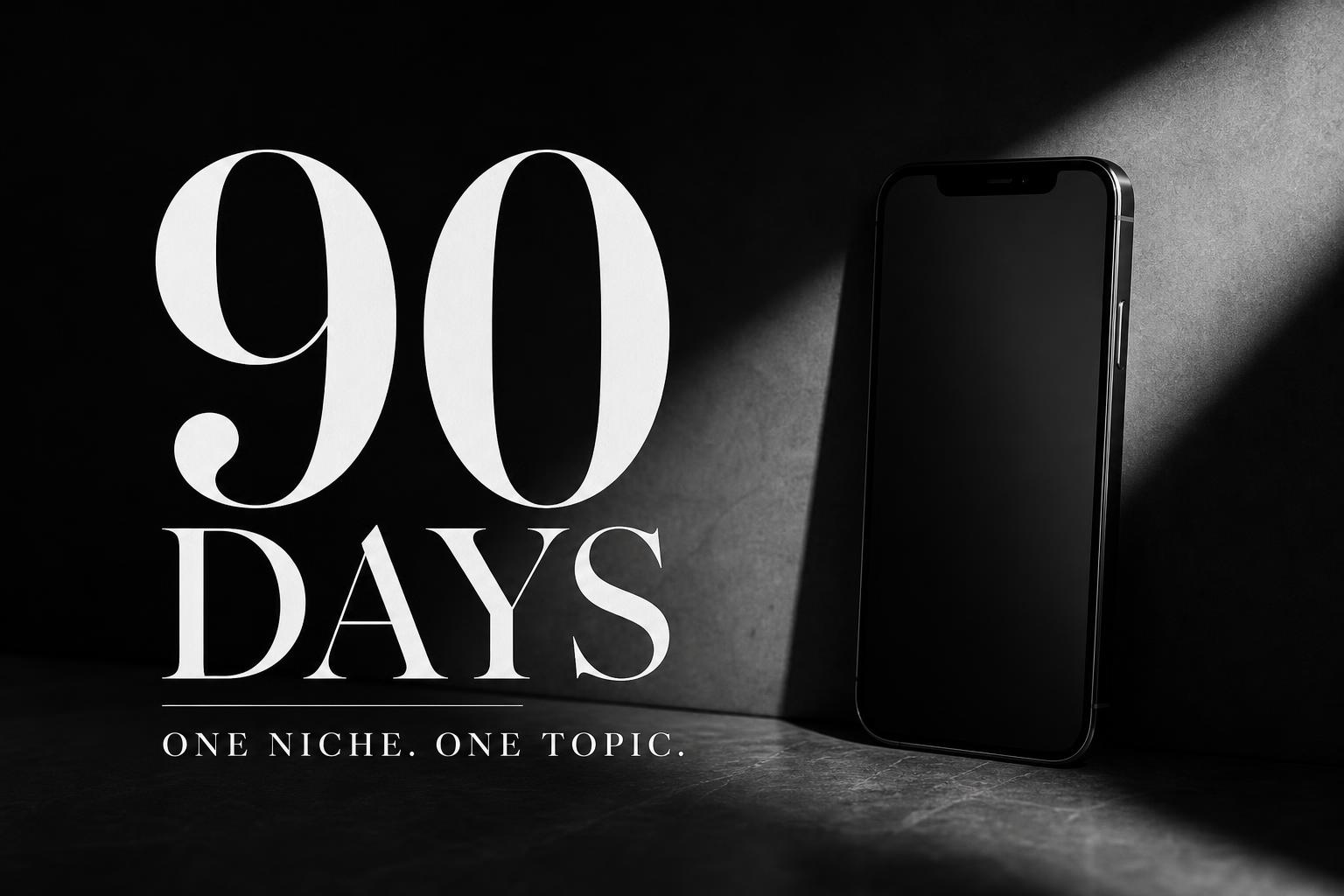 Editorial black and white cover with bold "90 Days" typography next to a smartphone — 90-day TikTok growth method