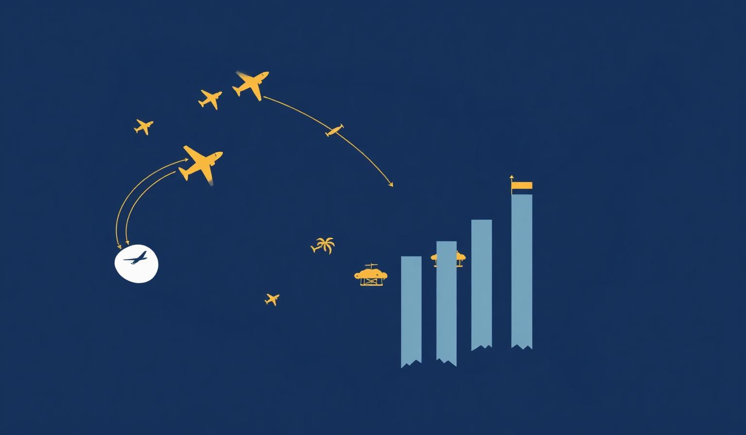 Editorial illustration: navy blue US map silhouette with gold airplane trails and ascending bar chart representing 2026 travel and tourism influencer marketing pricing