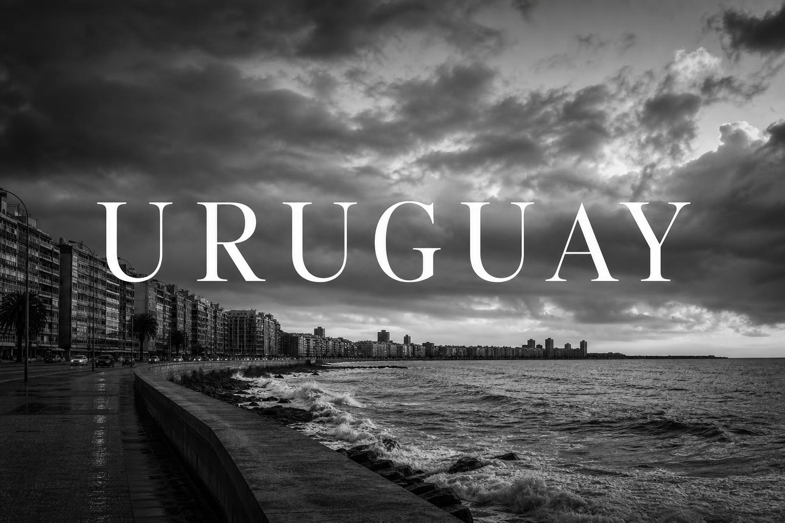 Black and white photograph of Montevideo Rambla coastline with "Uruguay" typography — Uruguay 2026 influencer marketing pricing cover
