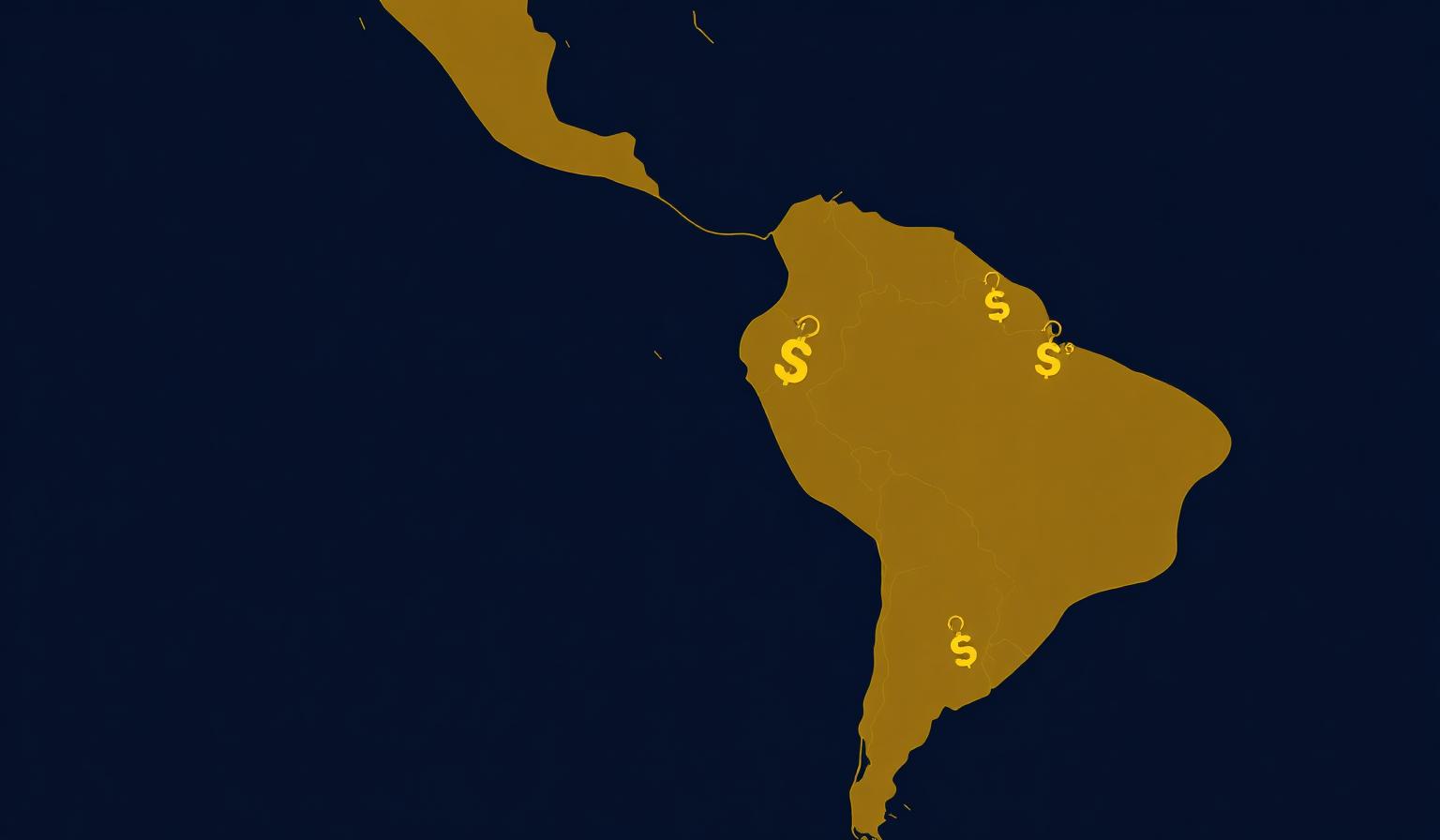 Editorial illustration: navy background with a gold map of Latin America split into country shapes, each marked with a small gold price tag, representing market-by-market influencer marketing costs