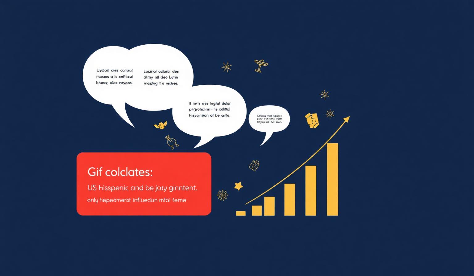 Editorial illustration: navy blue US map with gold bilingual conversation bubbles and ascending bar chart representing 2026 US Hispanic market influencer marketing pricing