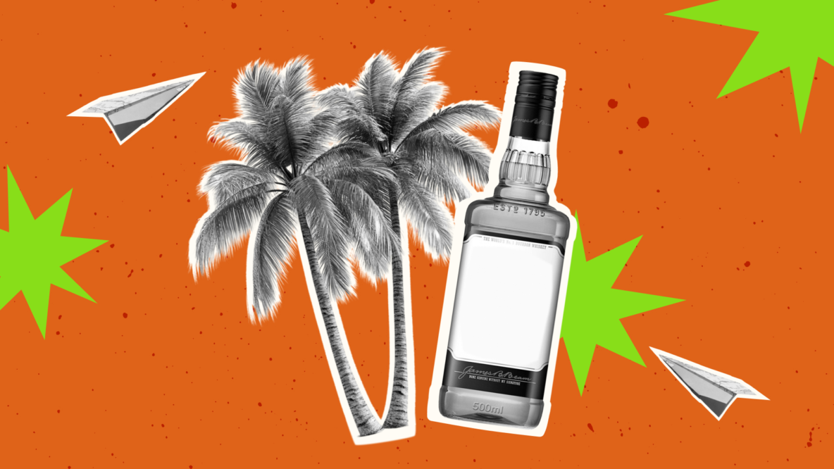 Case study of bourbon sales at Punta Cana airport duty-free: a collage with palm trees, a whiskey bottle, and paper airplanes — article cover by Kseniia Petrina